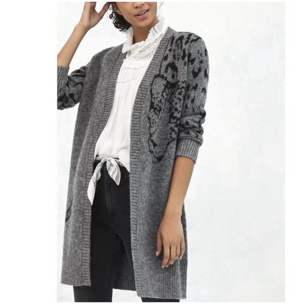 Anthropologie AVERIE LEOPARD XS Grey Black Open Cardigan Sweater Large